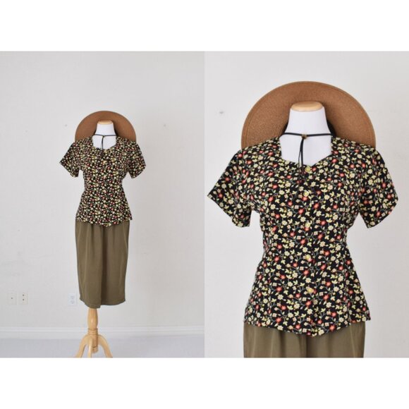 Vintage 80s Handmade‎ Polyester Dark  Floral Blouse - Picture 1 of 10